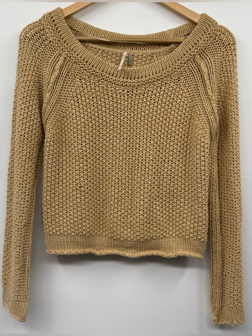 Free People Slouchy Cropped Crochet Rolled Hem Mustard Tan Sweater XS